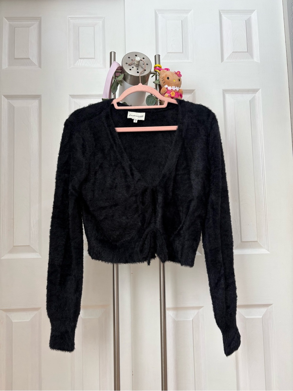 Freshman Black Fuzzy Tie-Front Cardigan